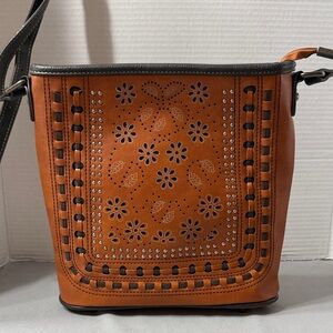 American Bling Western Style CrossBody Bag Floral Cutouts Braided Trim Studs